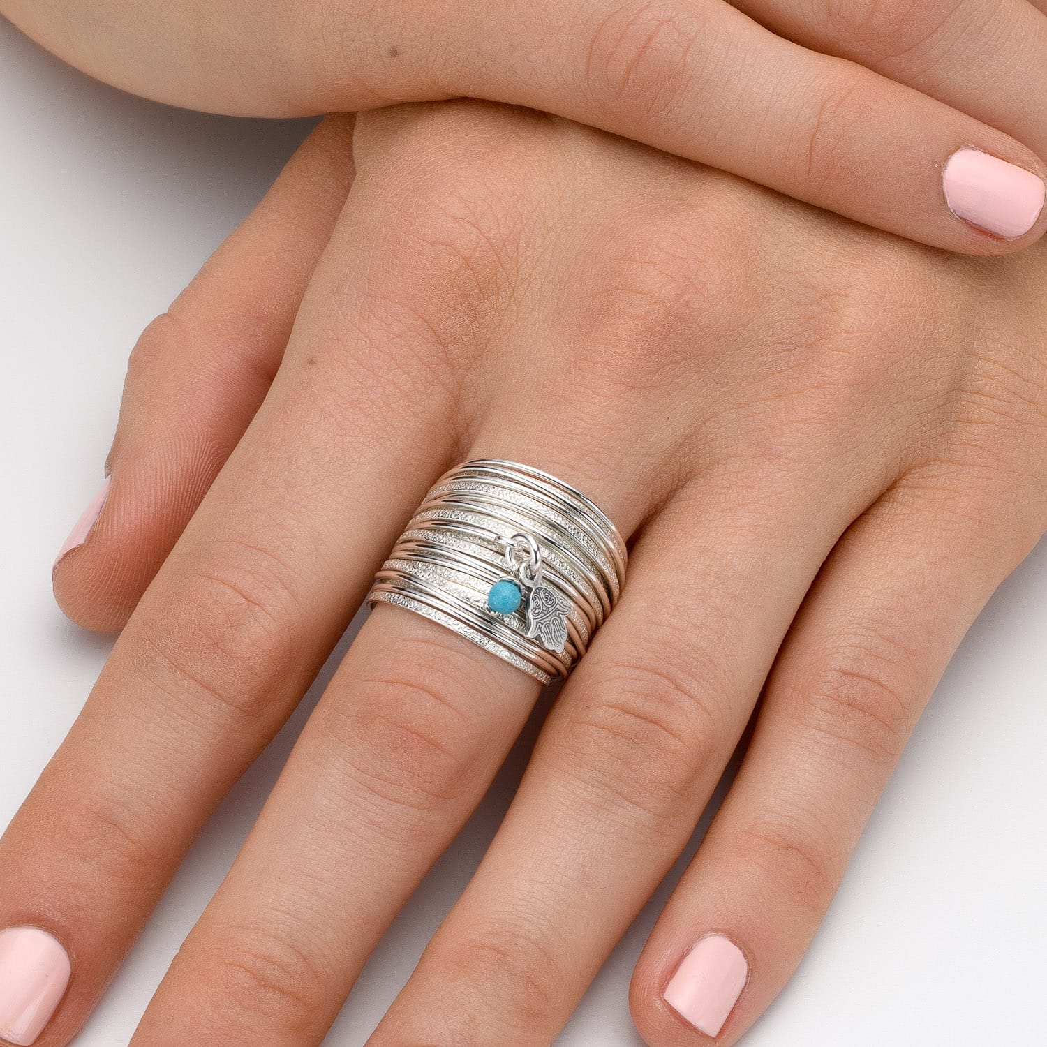 Spirali Silver Hamsa and Turquoise Ring