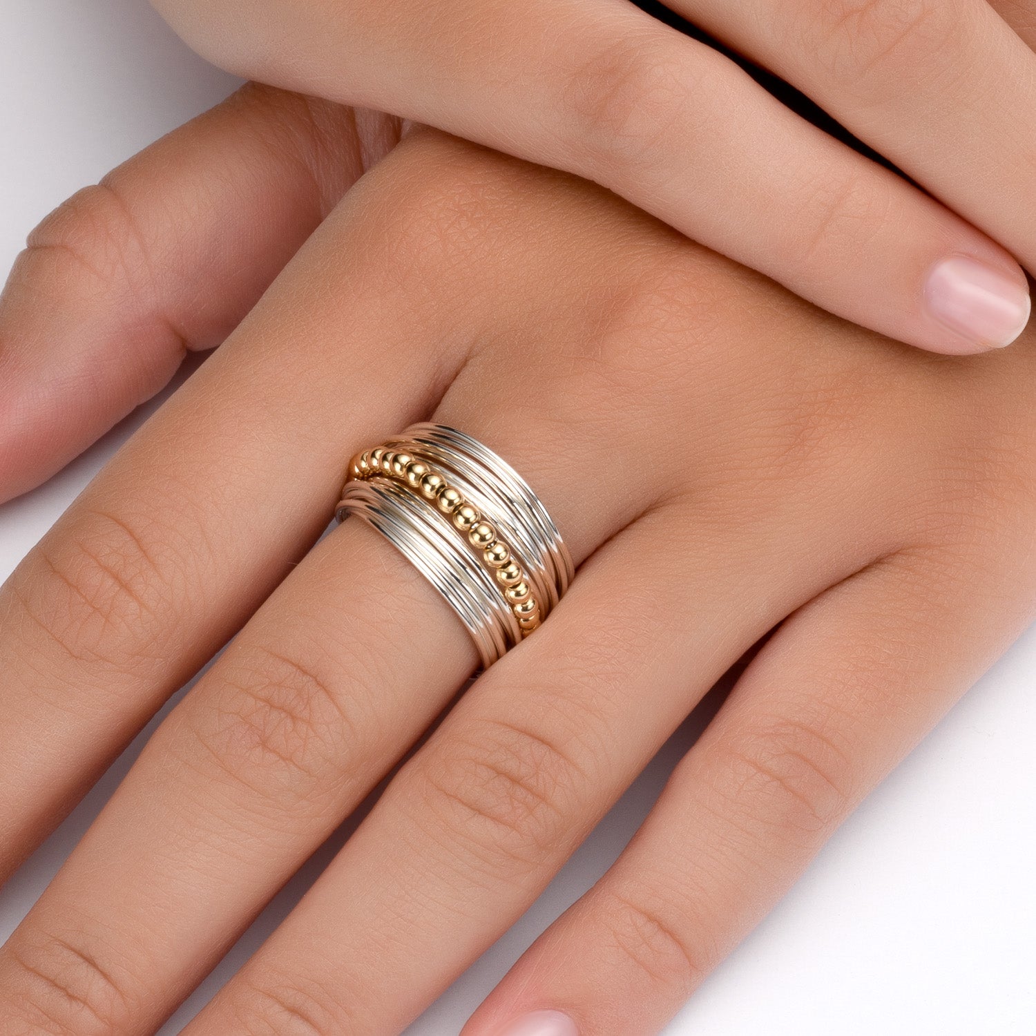 Spirali Silver Ring with Golden Beads