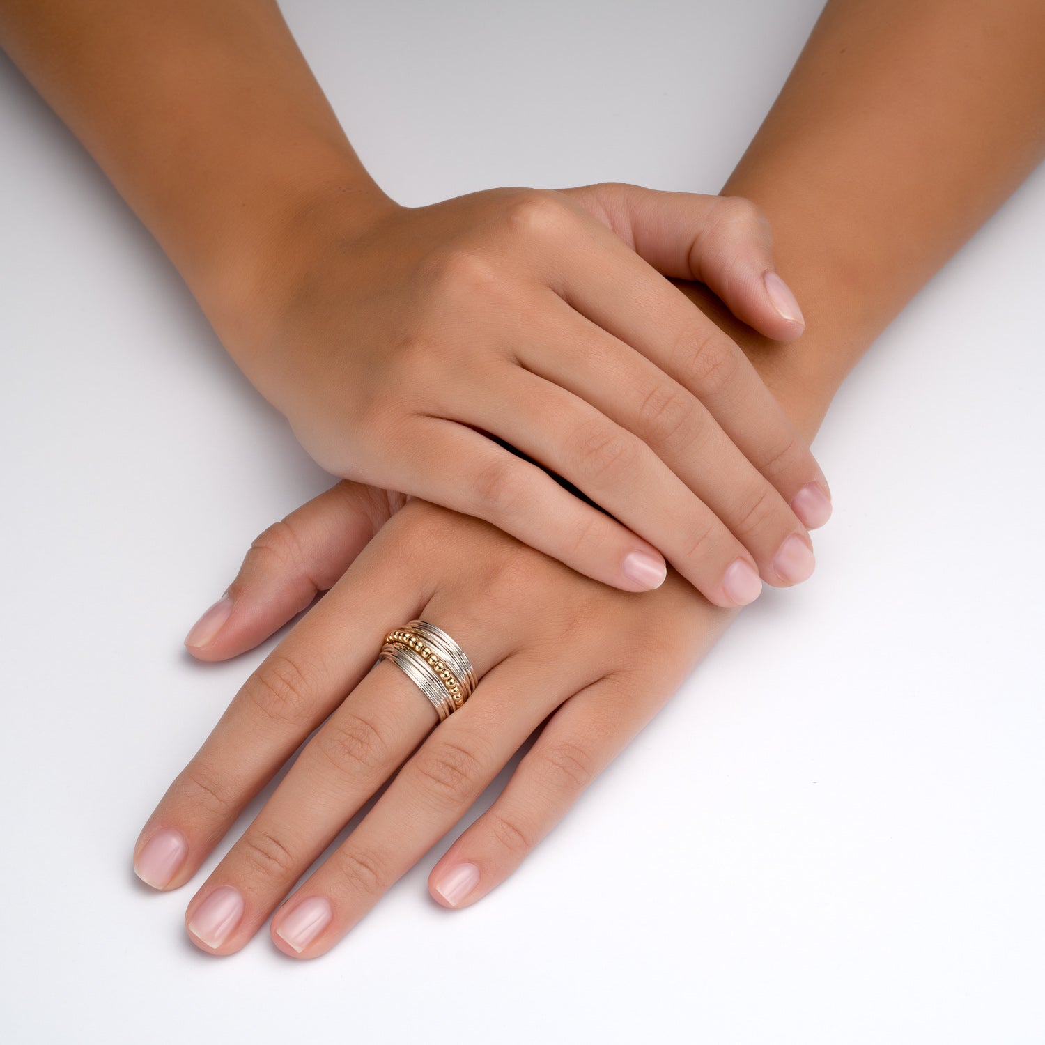 Spirali Silver Ring with Golden Beads