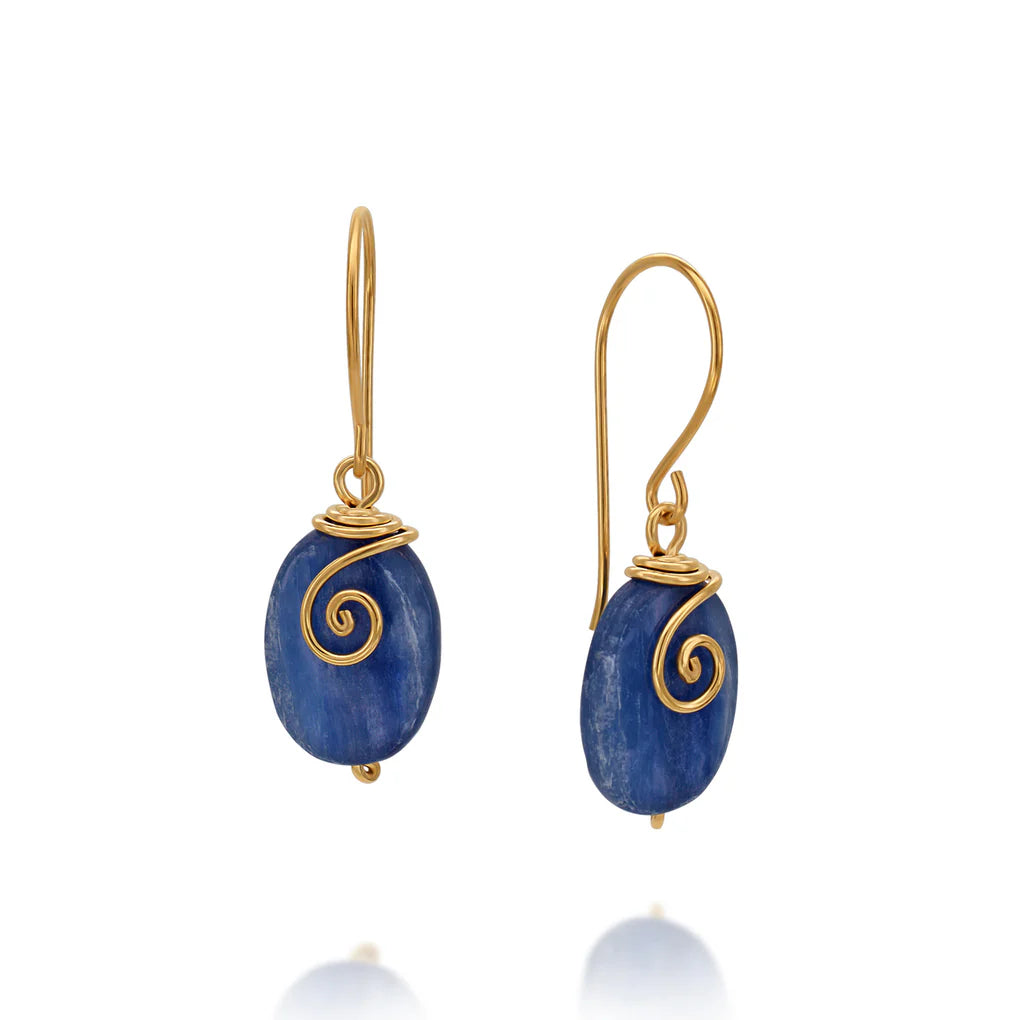 Kyanite Universe Earrings featuring handcrafted kyanite stones and gold-filled spiral wire wrap.