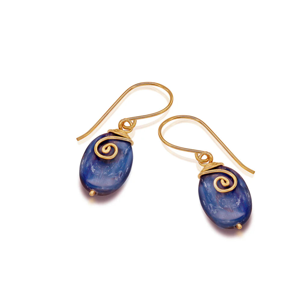 Kyanite Universe Earrings featuring handcrafted kyanite stones and gold-filled spiral wire wrap.