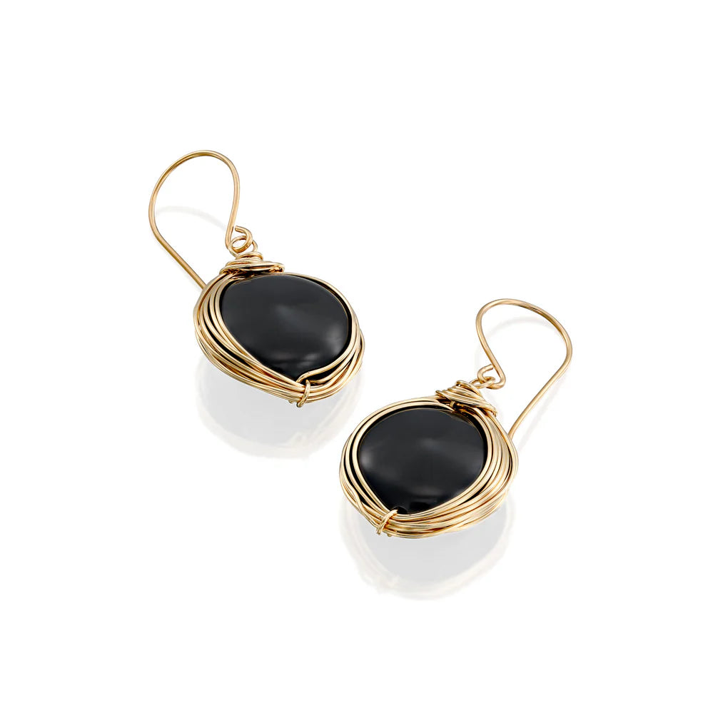 Universe Coin Onyx Earrings featuring coin-shaped black onyx stones set in high-quality gold-filled spirals