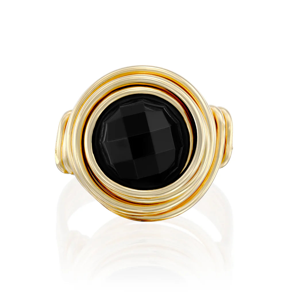 Universe Onyx Ring featuring a large faceted black onyx stone set in high-quality gold-filled spirals