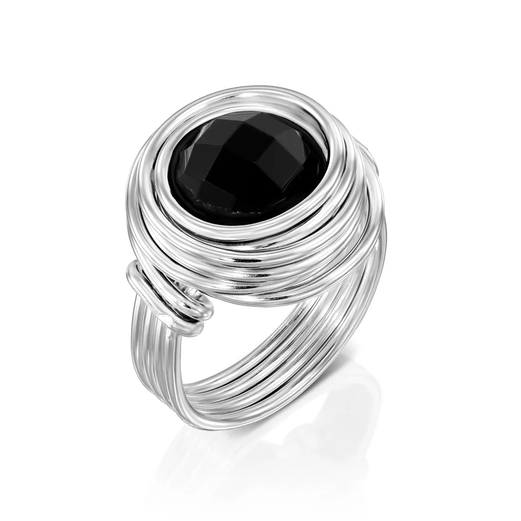 Universe Silver Onyx Ring featuring a natural black onyx stone set in high-quality fine silver spirals
