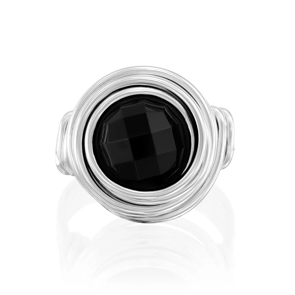 Universe Silver Onyx Ring featuring a natural black onyx stone set in high-quality fine silver spirals