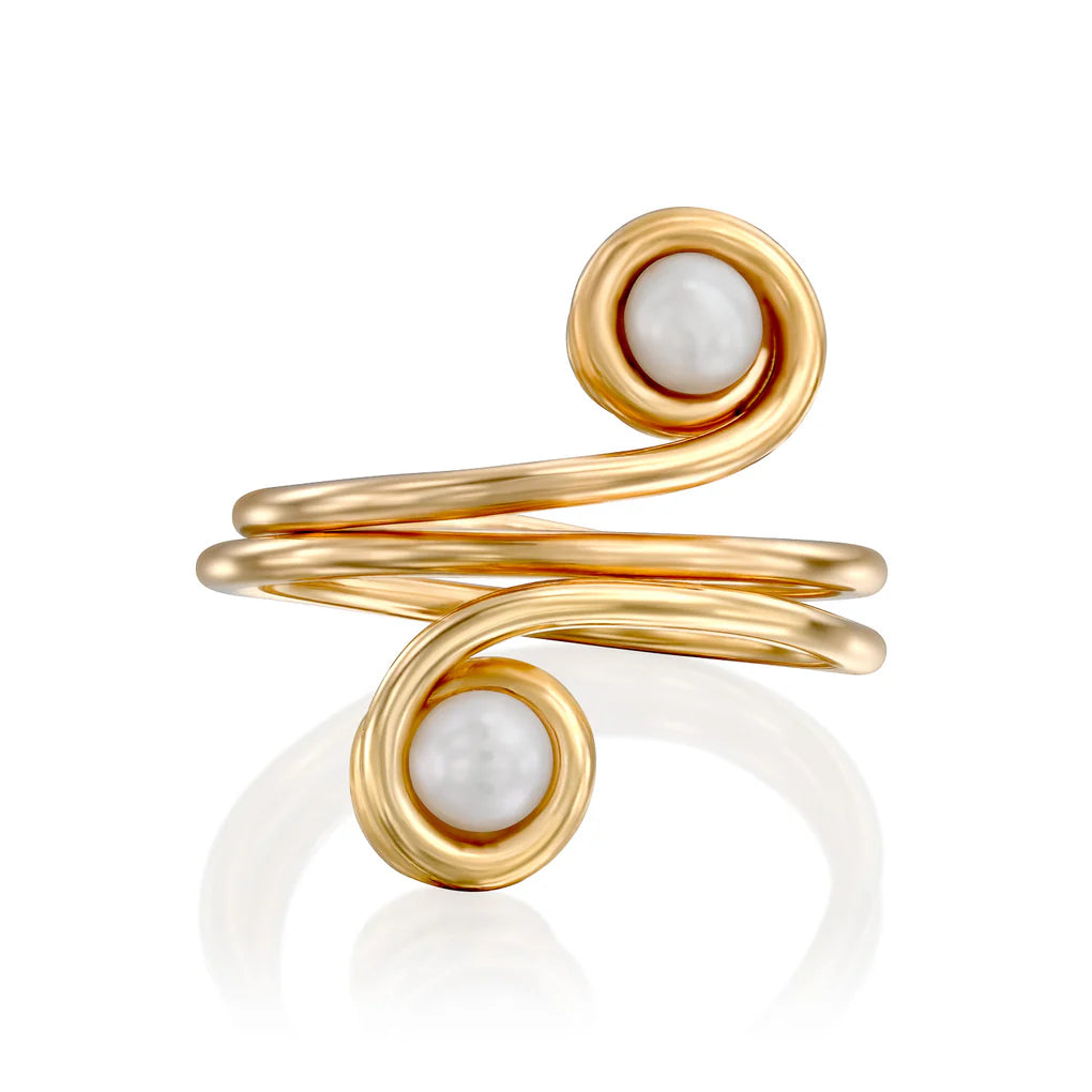 Universe Swirl Pearl Ring featuring two natural pearls set in high-quality gold-filled spirals