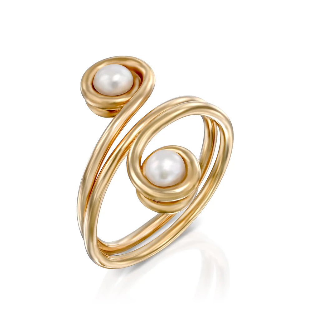 Universe Swirl Pearl Ring featuring two natural pearls set in high-quality gold-filled spirals