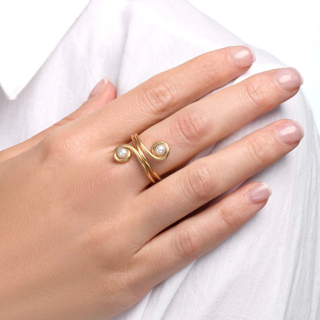 Universe Swirl Pearl Ring featuring two natural pearls set in high-quality gold-filled spirals