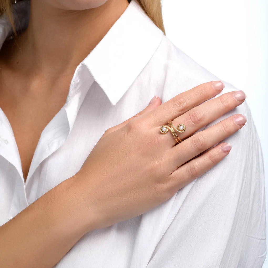 Universe Swirl Pearl Ring featuring two natural pearls set in high-quality gold-filled spirals