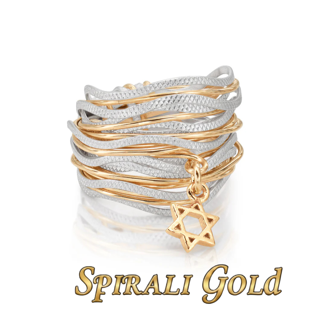 Solid Gold &amp; Silver Star of David Spiral Wavy Ring