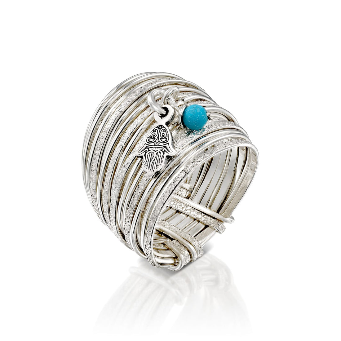 Spirali Silver Hamsa and Turquoise Ring