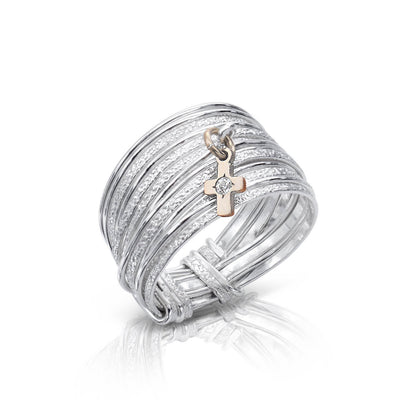 Silver-Gold Spirali Slim Zircon Cross Ring