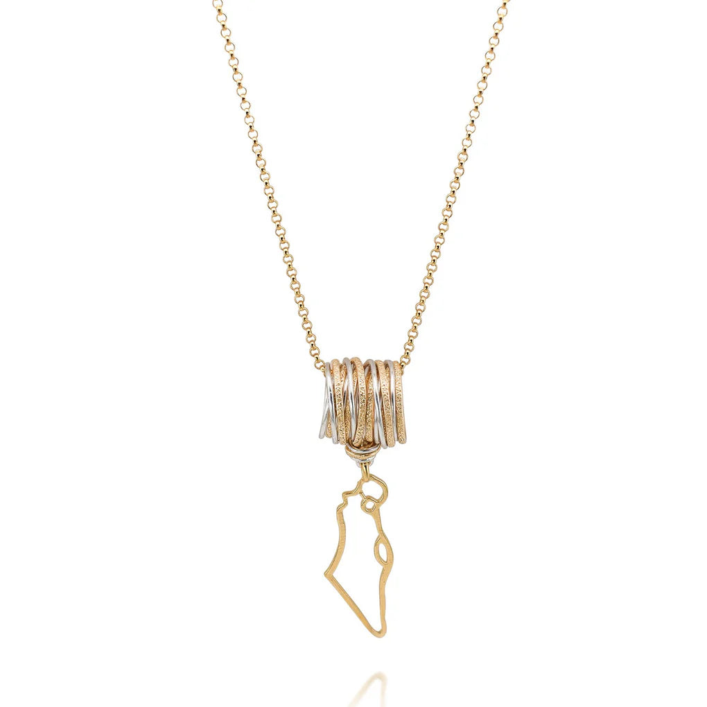 Israel Map Spirali Necklace featuring handcrafted pendant of Israel’s map made from high-quality gold-filled metal.