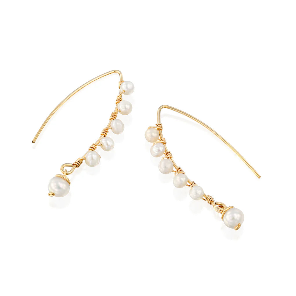 Long Pearl Spirali Earrings with high-quality pearls and gold-filled accents, handcrafted design.