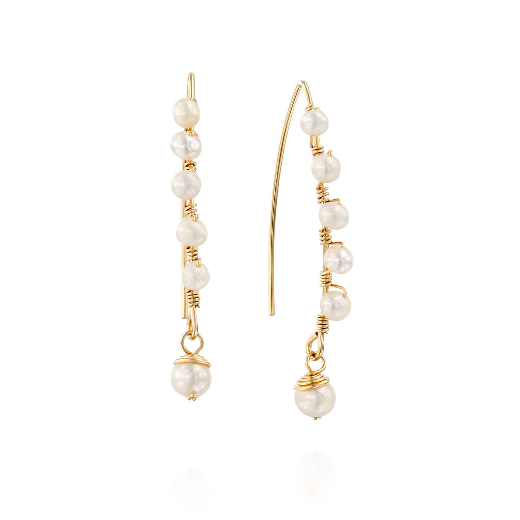 Long Pearl Spirali Earrings with high-quality pearls and gold-filled accents, handcrafted design.