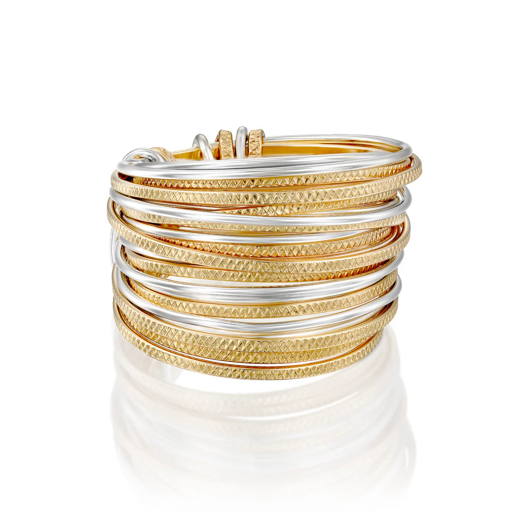 Mosaic Spirali Ring handcrafted with 999 silver and gold-filled wires