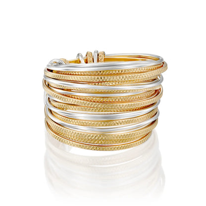Mosaic Spirali Ring handcrafted with 999 silver and gold-filled wires