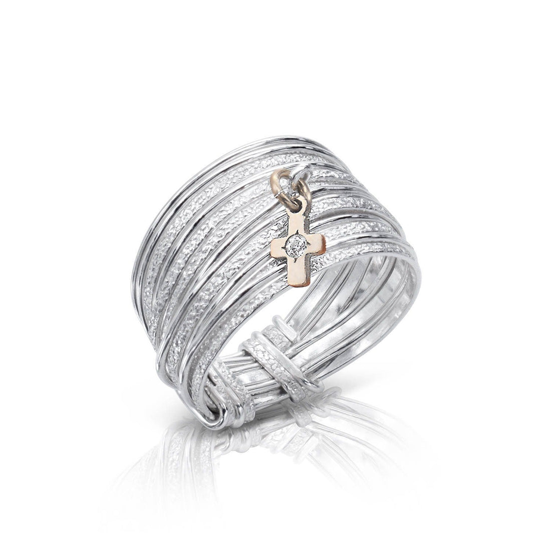 Symbol Silver &amp; Gold Slim Zircon Cross Ring - Studio Spirali