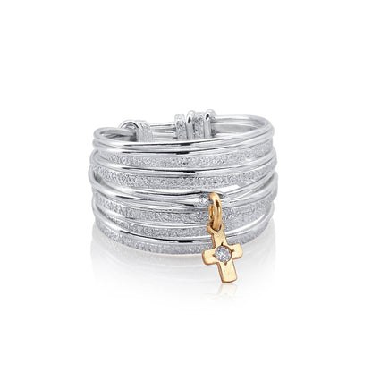 Symbol Silver &amp; Gold Slim Zircon Cross Ring - Studio Spirali