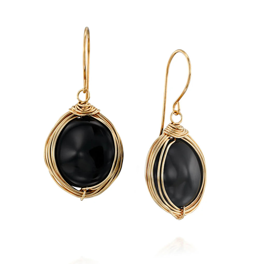 Universe Coin Onyx Earrings featuring coin-shaped black onyx stones set in high-quality gold-filled spirals