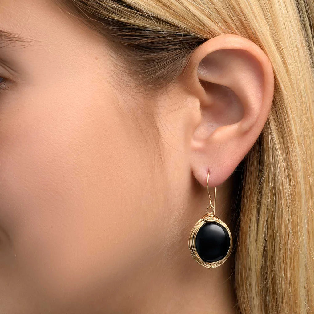 Universe Coin Onyx Earrings featuring coin-shaped black onyx stones set in high-quality gold-filled spirals