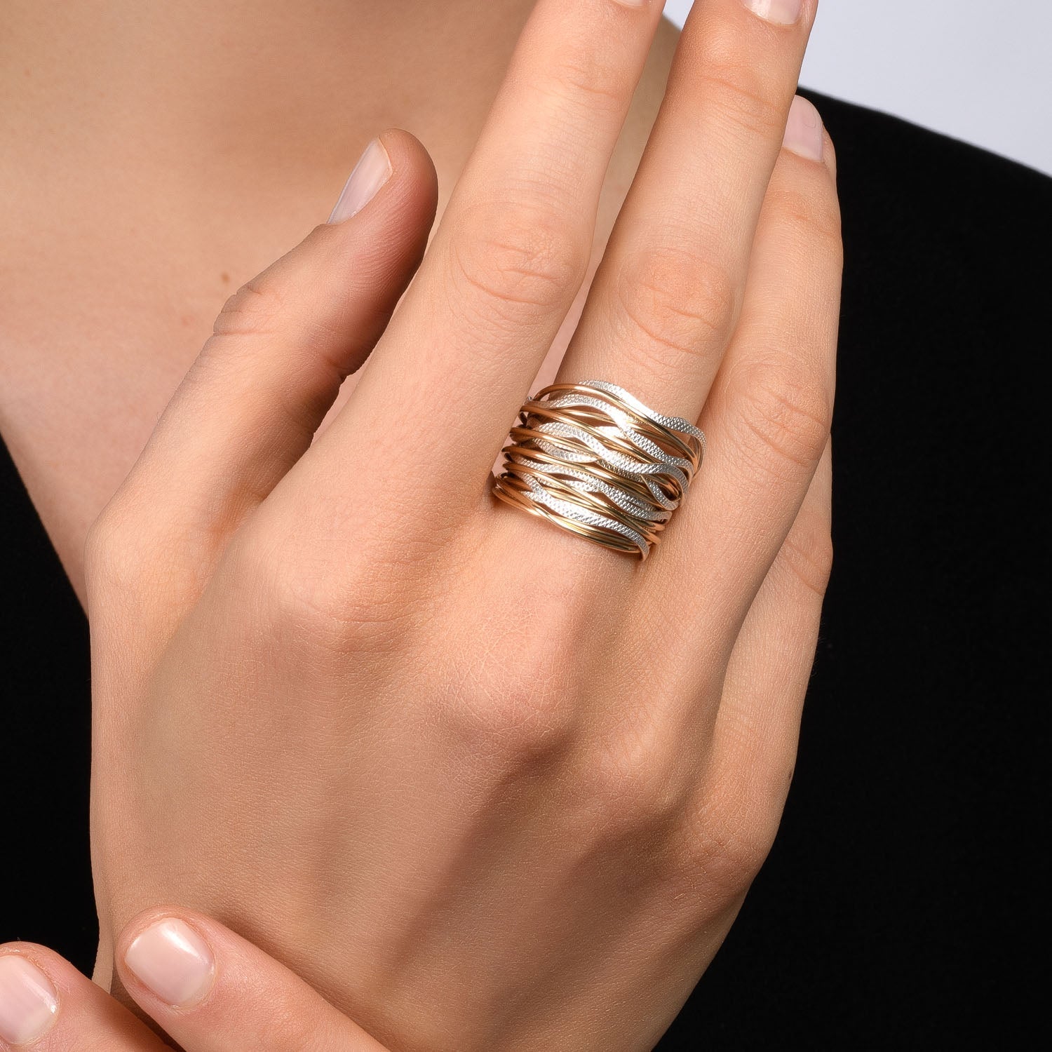 Solid Gold &amp; Silver Spiral Wavy Ring - Studio Spirali